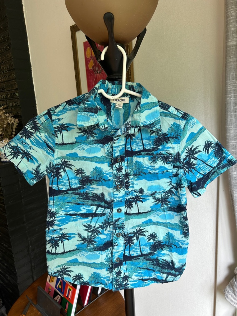Kid’s Cherokee Tropical Palm Short-Sleeve Shirt in Teal and Navy